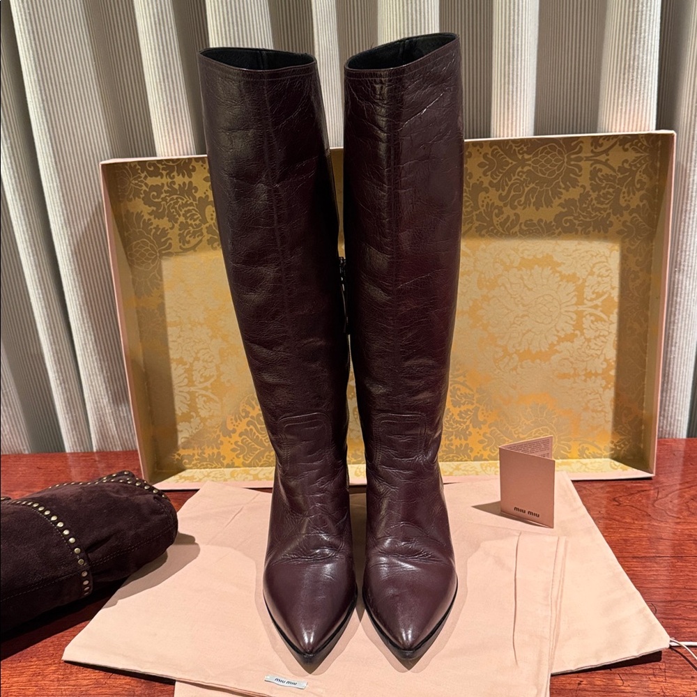 MIU MIU VITELLO SHINE BROWN TALL LEATHER BOOTS SIZE EU 37.5 - Picture 8 of 12